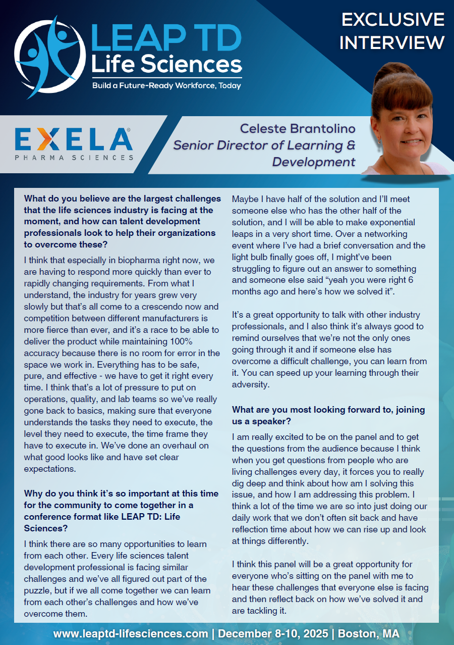 Senior Director of Learning & Development from Exela Pharma Sciences Exclusive interview, LEAP HR Talent Development Life Sciences